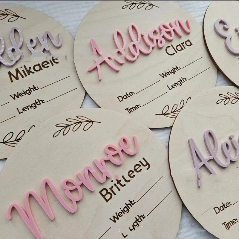 Square wooden baby name plaque showing birth information, 15 cm wide