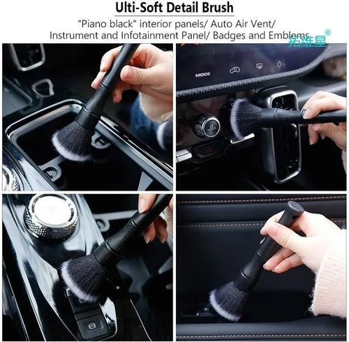 Black car detailing brush with super soft pig hair bristles and PP handle shown in two sizes.