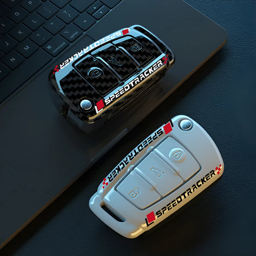 Carbon fibre style car key cover with mirrored finish in white and carbon colour options