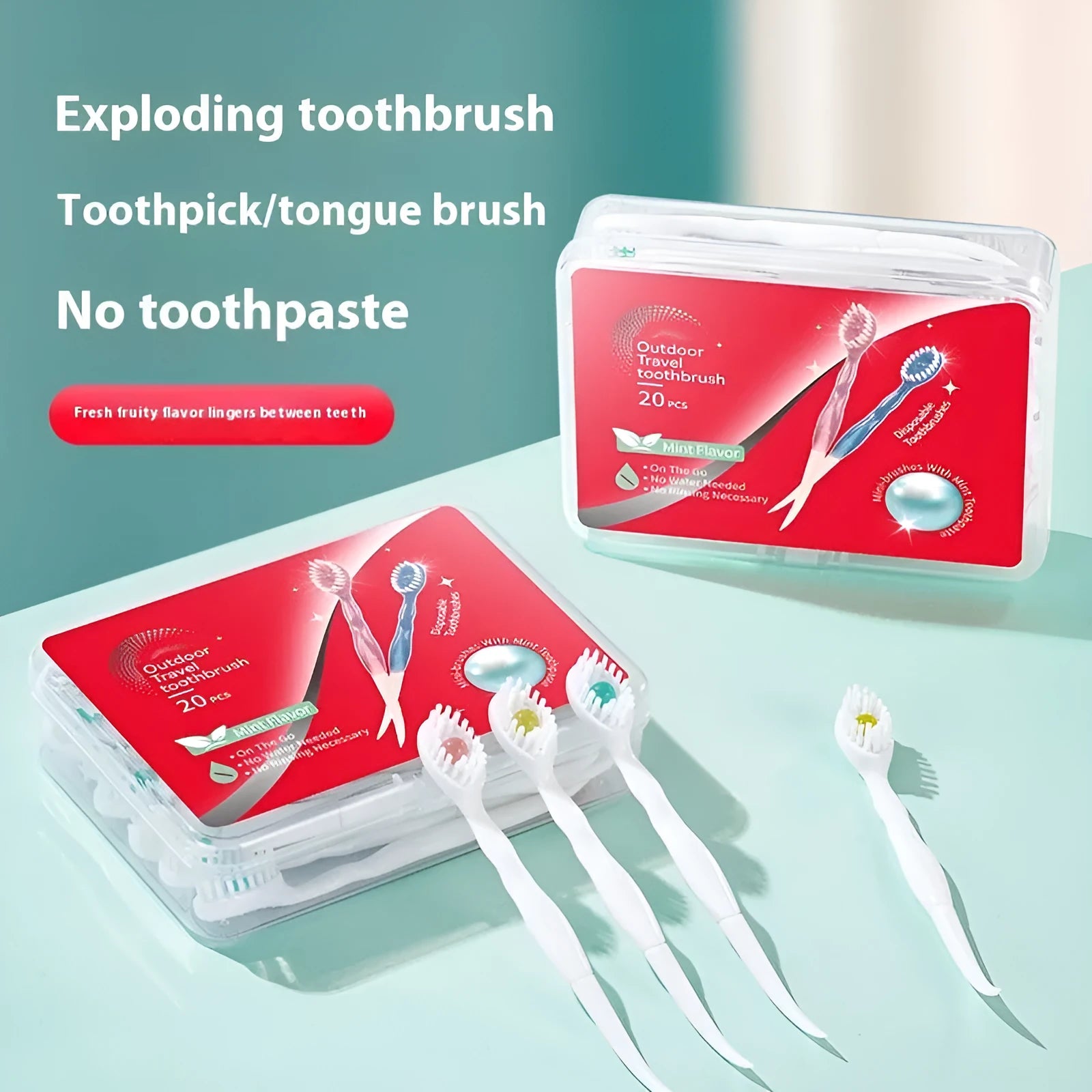 Box of 20 disposable bead toothbrushes with flavour options for travel dental hygiene