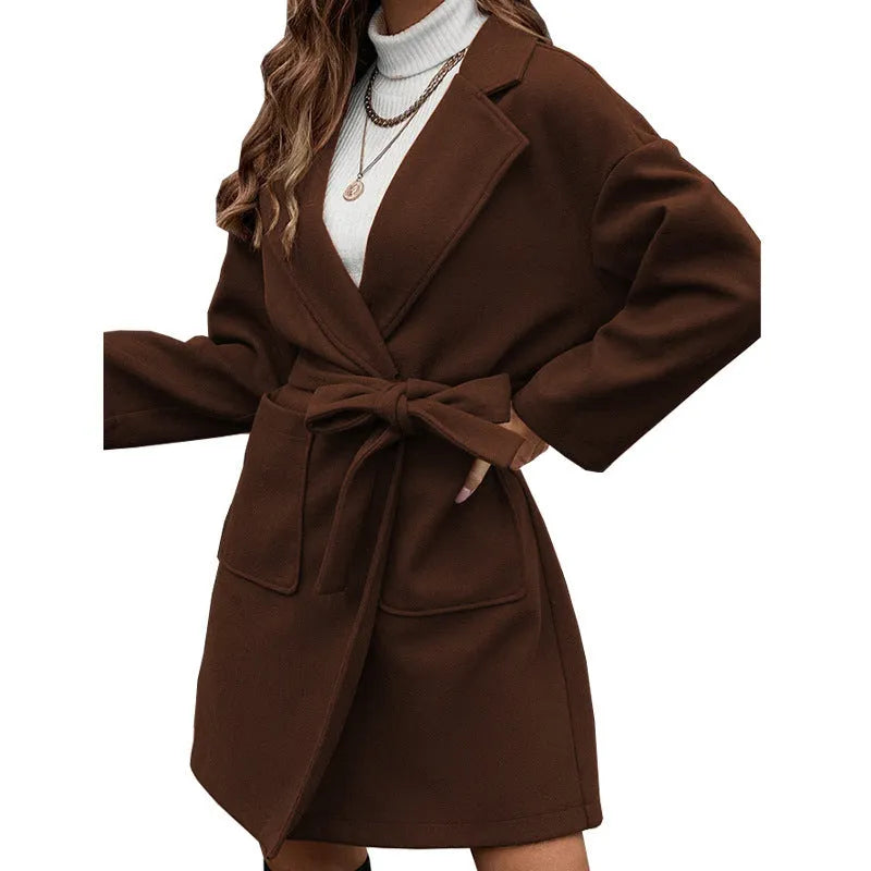 Loose fit thick polyester coat with lapel collar and belt in brown black white khaki and blue Korean casual style