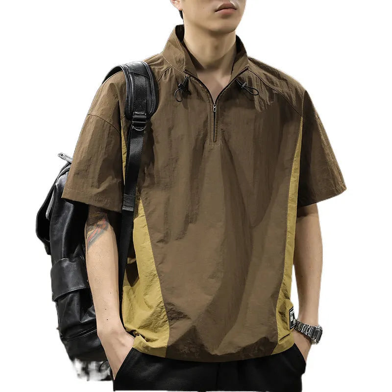 Men's brown and purple half-zip stand collar short sleeve shirt in ice silk fabric with loose fit summer design