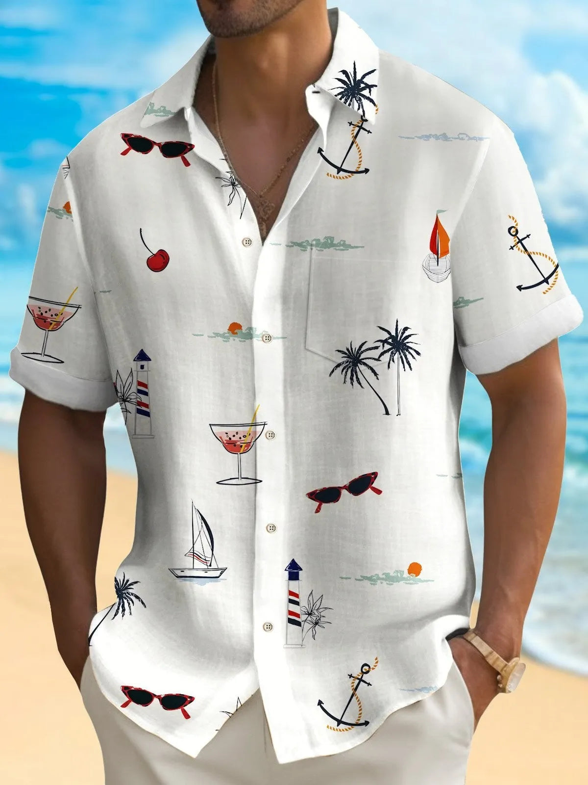 Men's loose fit Hawaiian shirt with digital print pattern and short sleeves