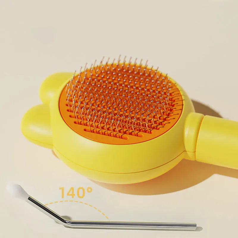 Self-cleaning pet grooming brush in green with stainless steel comb and release button.