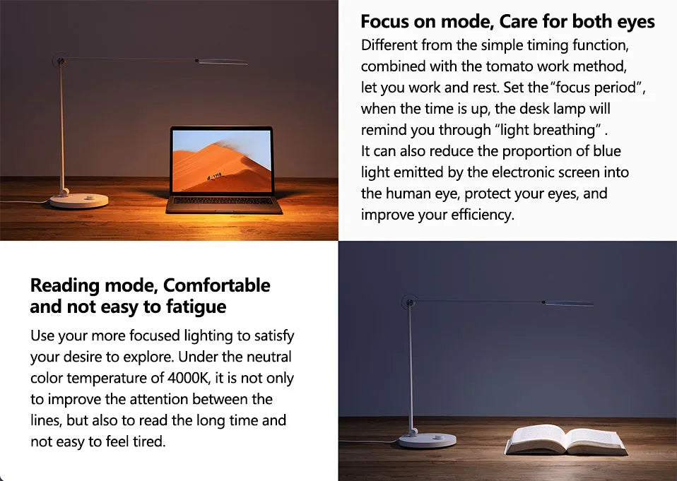 ProLED intelligent desk lamp with a folding arm and adjustable colour temperature settings for reading and writing.