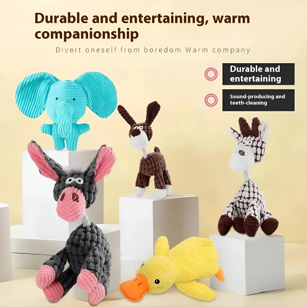 Assortment of bite-resistant plush pet toys including donkey, duck, elephant, and dog styles for puppy chewing.
