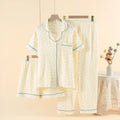 Women's cotton three-piece pyjama set in garden gold colour with lapel top and trousers