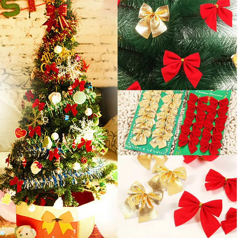 Red and gold 5 cm polyester Christmas decoration bow on a green tree branch.