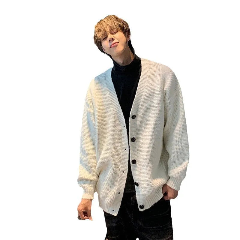 Men's loose V-neck cotton blend cardigan in army green, shown on a hanger.