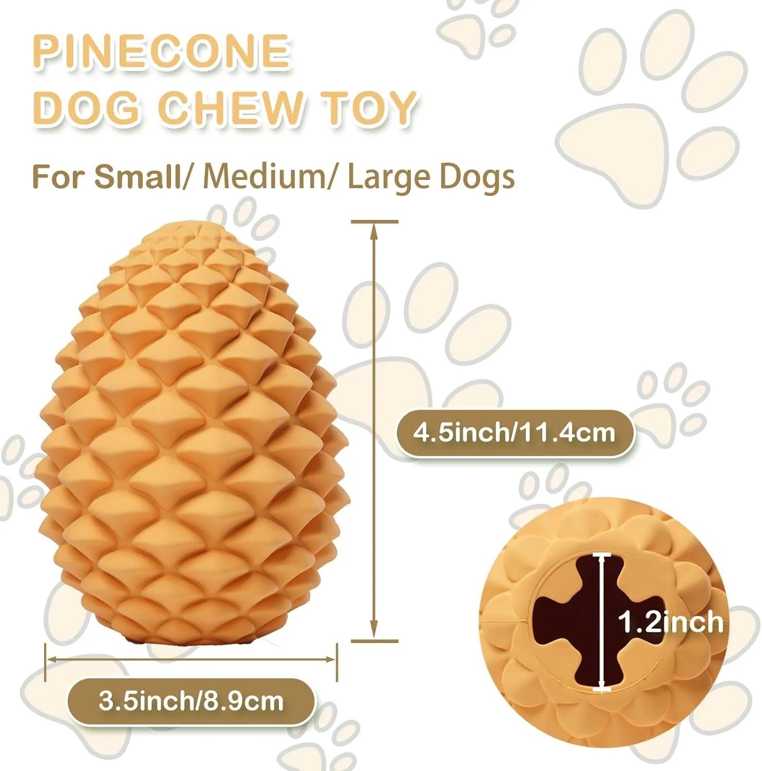 Yellow pine cone shaped indestructible dog chew toy with treat dispenser hole