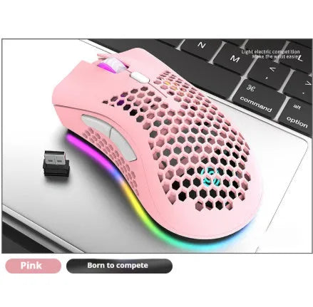 BM600 hollow out design wireless gaming mouse with luminous charging in black, cyan, and white colour options.