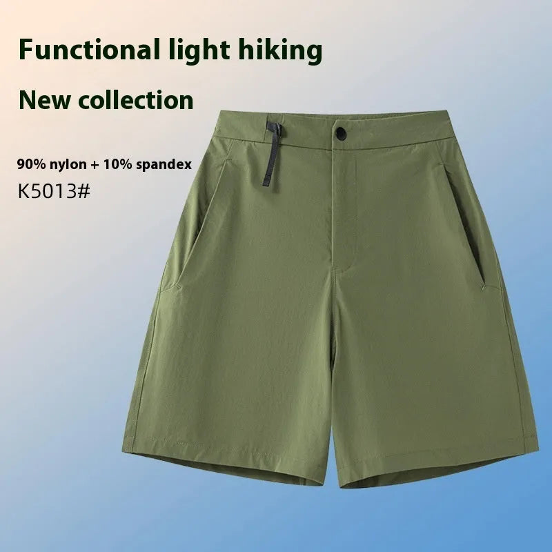Men's quick-drying nylon spandex sports shorts in khaki colour with elastic waist and 3D cut design.
