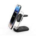 Transparent folding magnetic three-in-one wireless charger showing internal components with QC3.0 fast charge support