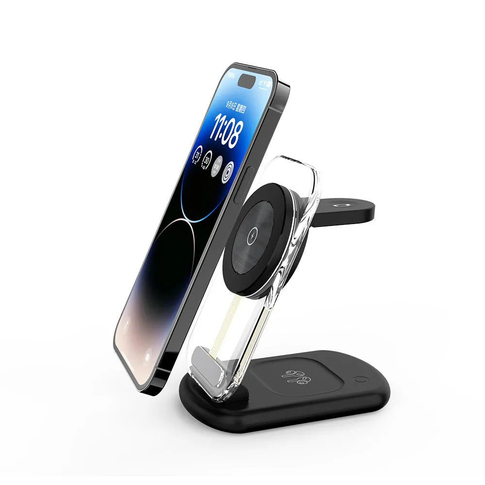 Transparent folding magnetic three-in-one wireless charger showing internal components with QC3.0 fast charge support