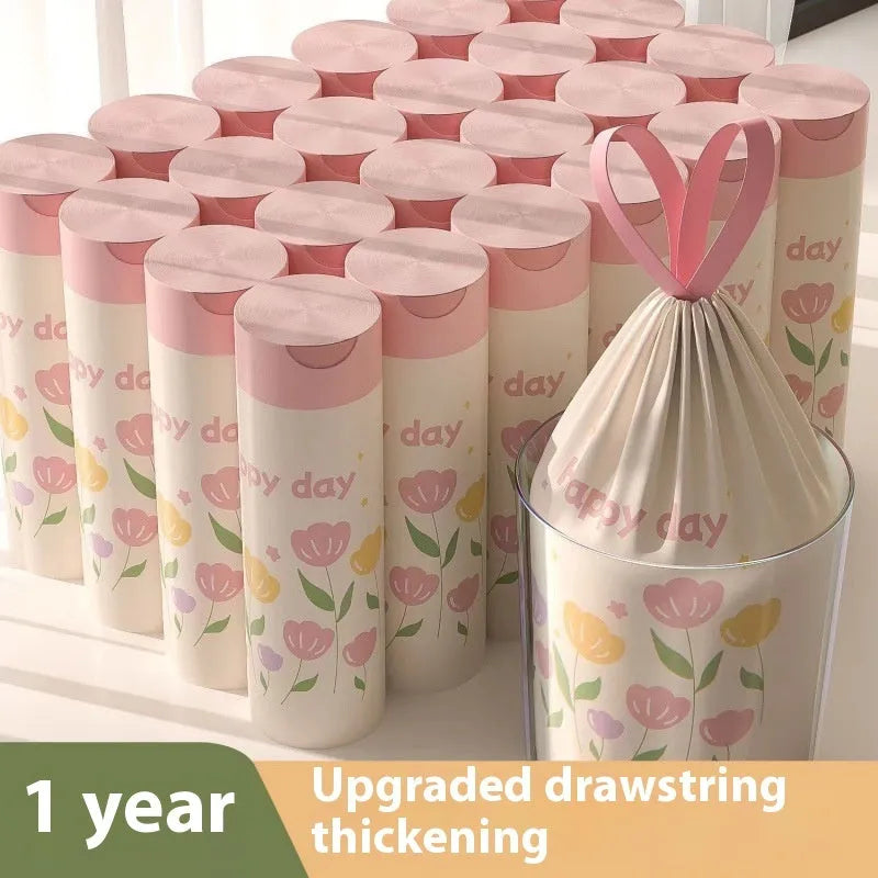 Pink degradable drawstring bin bags with argy wormwood mosquito repellent properties measuring 44cm by 48cm