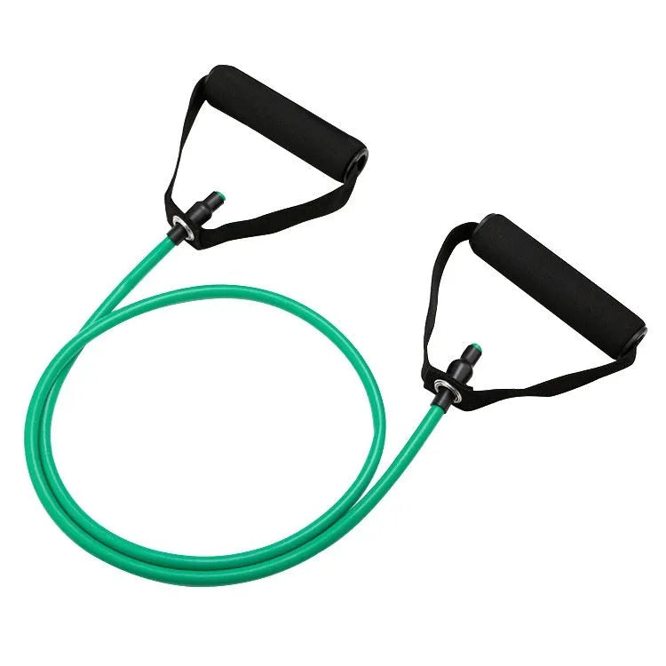 Colour-coded adjustable chest expander with TPE tension rope in yellow, green, red, blue, and black resistance levels