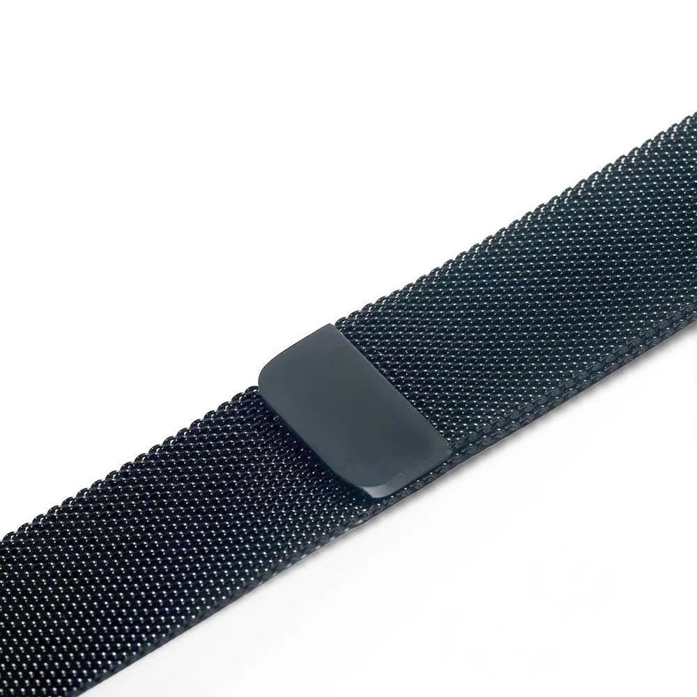 Stainless steel metal watch strap replacement band in silver, black, gold, and rose gold colours.