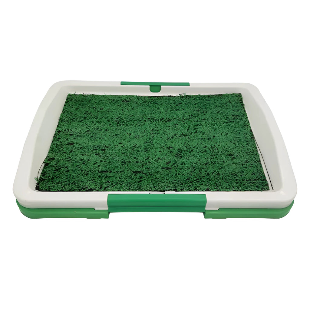 Green three-layer indoor dog toilet tray for puppy potty training with artificial grass