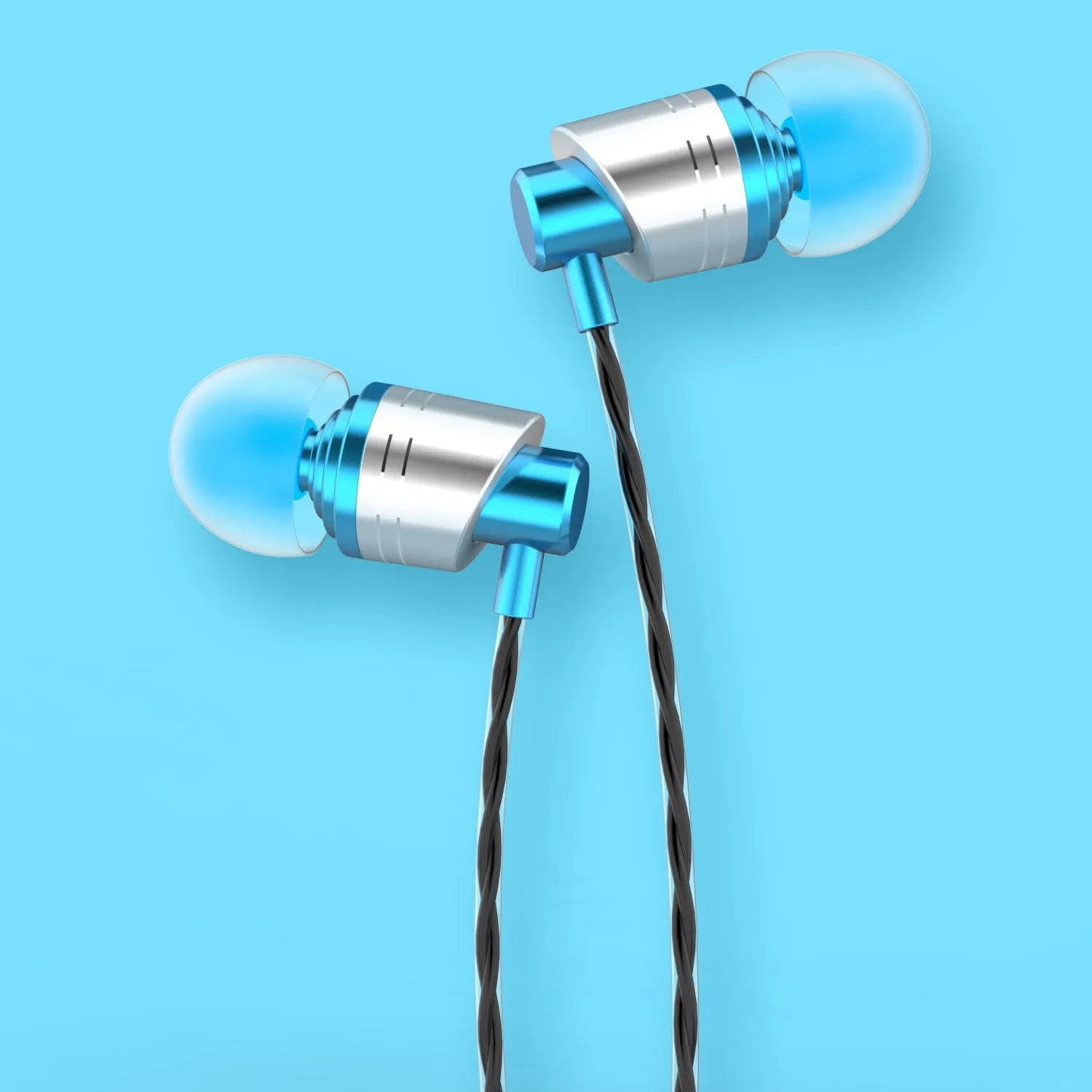 Black wired in-ear headphones with a 3.5mm plug, built-in microphone on the cable, and silicone earpieces.