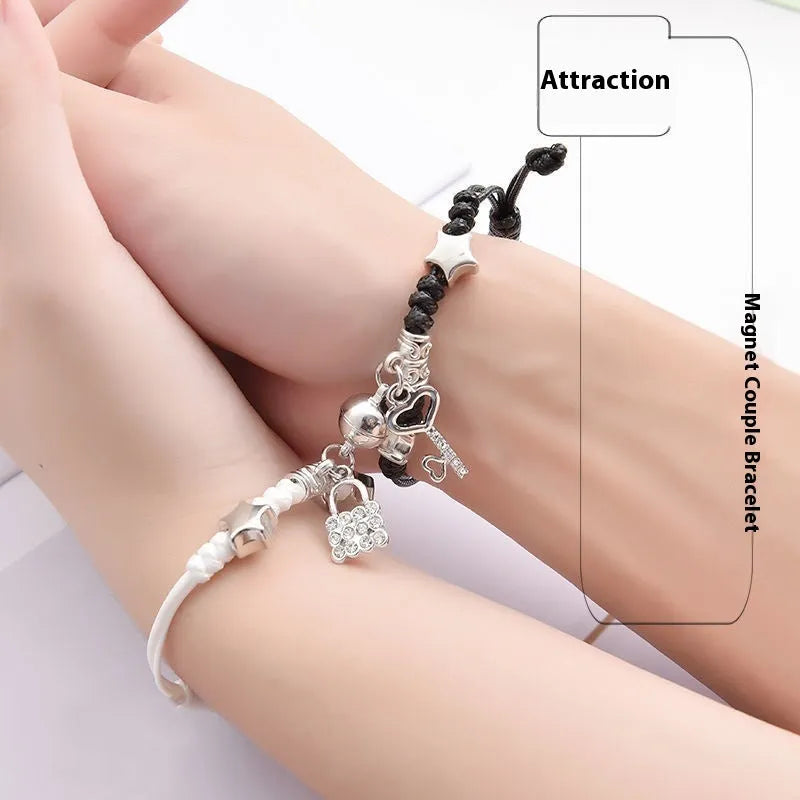 Magnetic couple bracelets with crown design and electroplating finish