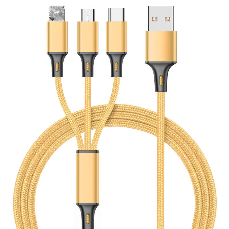 Braided 3-in-1 data cable with aluminium alloy connectors showing red, blue, silver and black colour options