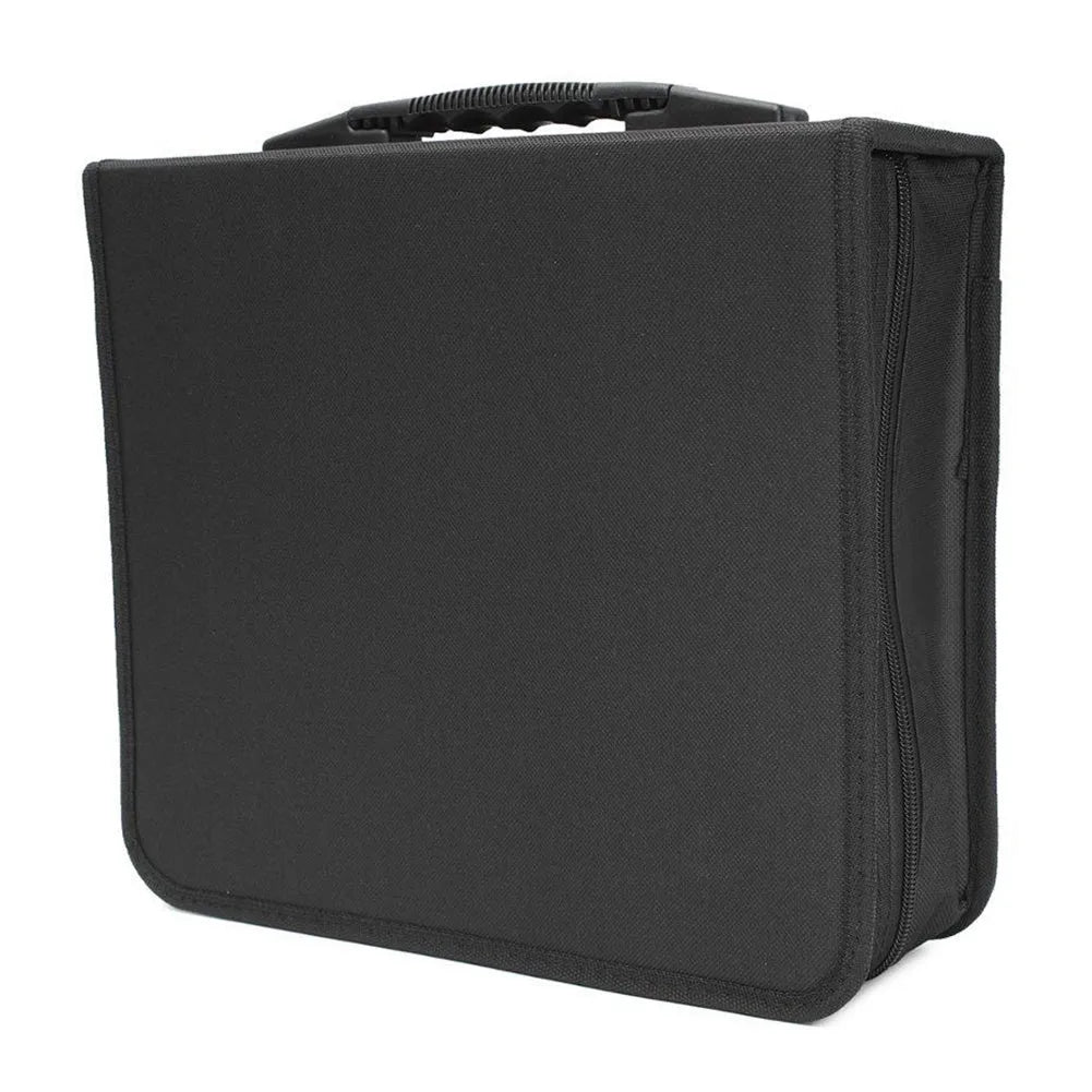 Black Oxford cloth CD DVD storage binder organiser with zipper and top hand strap.