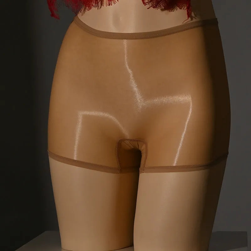 Shiny men's underwear stockings in nylon fabric showing seven colour options including red, black, grey, white and skin tones