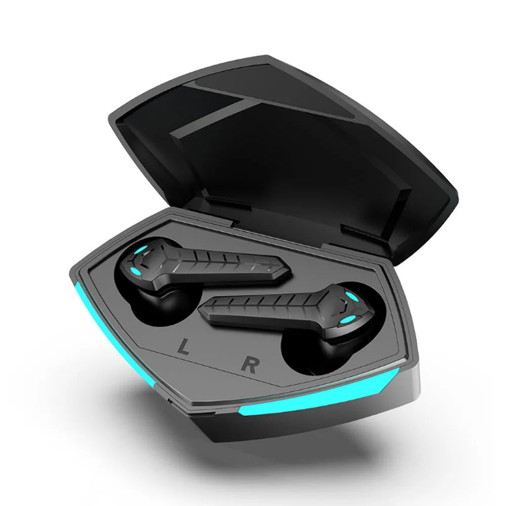 Black X15 wireless Bluetooth gaming earbuds with charging case on a dark surface.