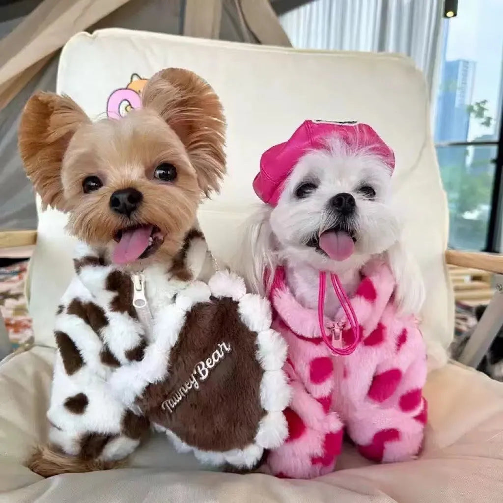 Polyester plush warm coat for small dogs in British style, available in pink and brown colours