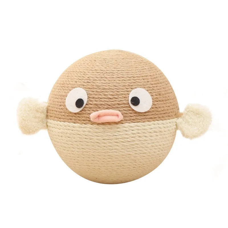 Puffer fish shaped pet puzzle feeder toy made from woven sisal hemp strips with 15cm cube dimensions