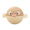 Puffer fish shaped pet puzzle feeder toy made from woven sisal hemp strips with 15cm cube dimensions