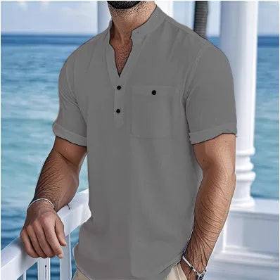 Men's loose fit linen blend short sleeve T-shirt with a stand collar in a light colour.