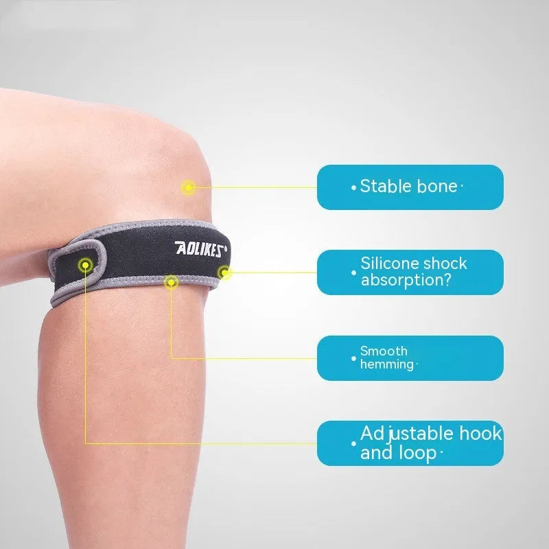 Black and grey adult patella retinaculum knee support bandage for sports.