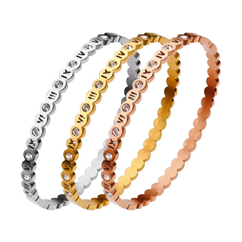 Korean style titanium steel men's bracelet with number design in gold, rose gold, or steel colour.