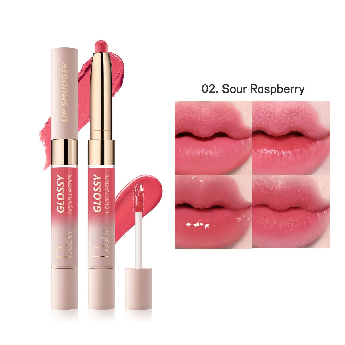 Double-headed lipstick and lip gloss product showing matte and glossy ends in one of ten available colours