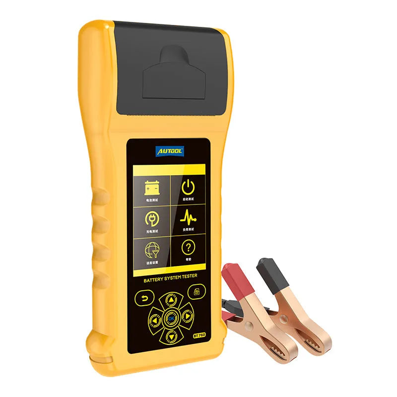 Autool BT760 vehicle battery tester with colour screen and thermal printer on a workbench