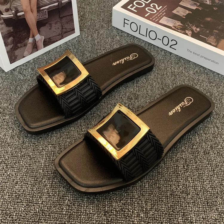 Women's casual flat slippers in apricot colour with a lightweight PVC sole.