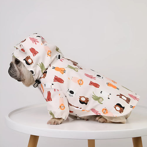 Beige cartoon dog raincoat with animal design and waterproof coating