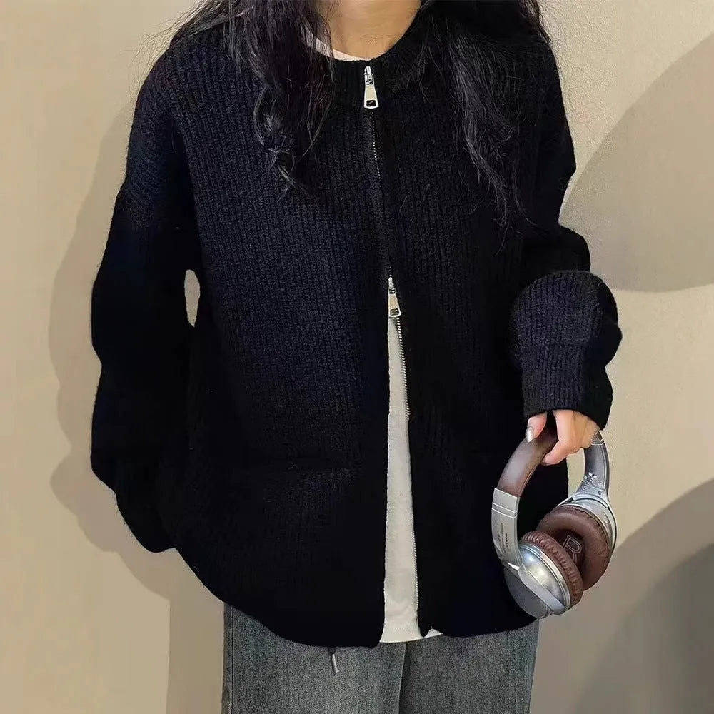 Beige soft glutinous sweater coat cardigan with long sleeves on hanger