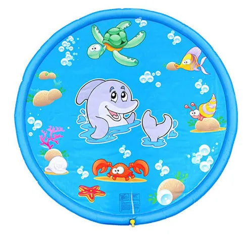 Blue PVC children's water spray play mat with marine animals, measuring 100cm by 170cm