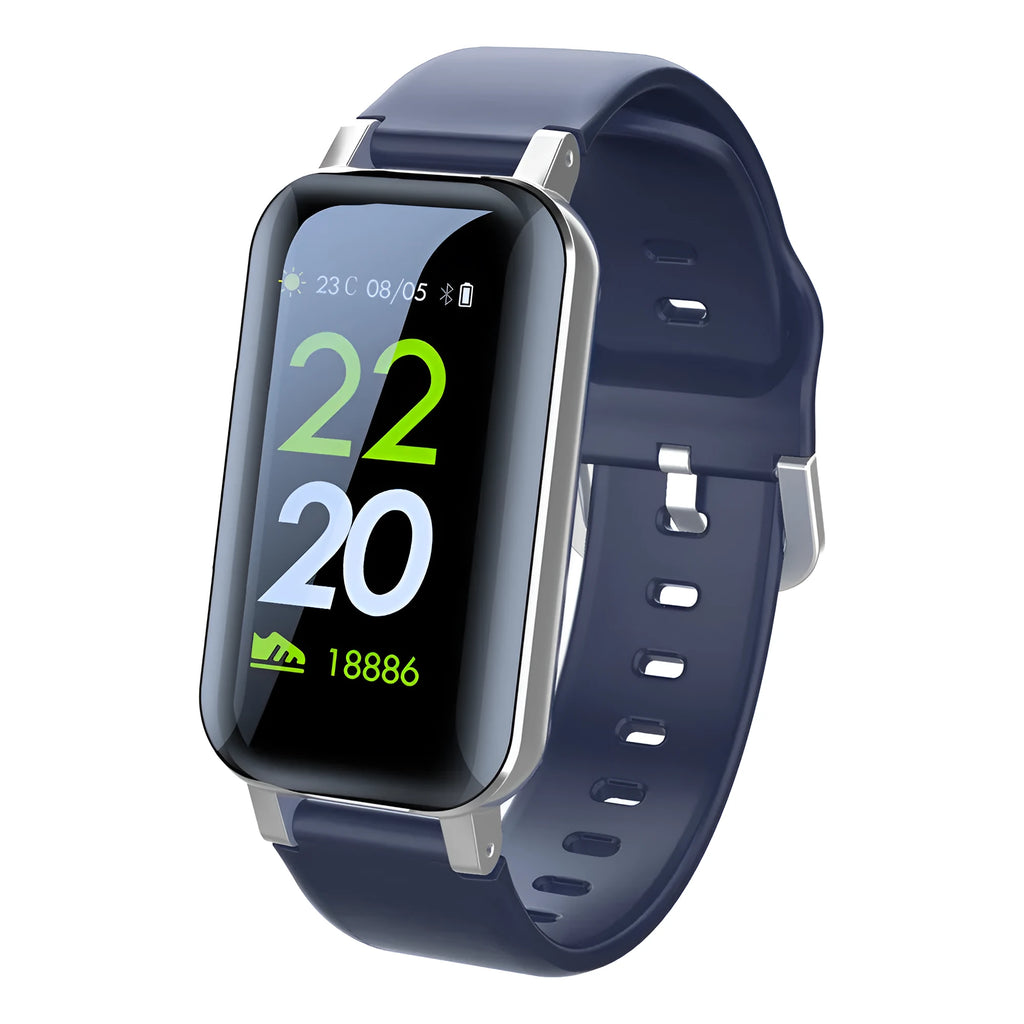 Smart call bracelet on wrist showing heart rate display, in black, blue, or coffee colour options.