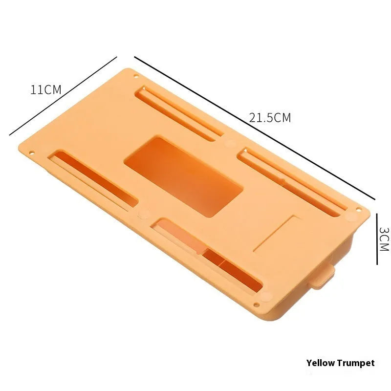White plastic adhesive storage drawer with a covered grid design, shown mounted under a wooden desk.