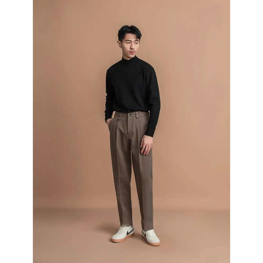 Men's straight leg casual trousers in black polyester fabric with business styling