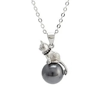 Close-up of a sterling silver cat pendant on a chain, showing the D2113 or D2114 finish variant.