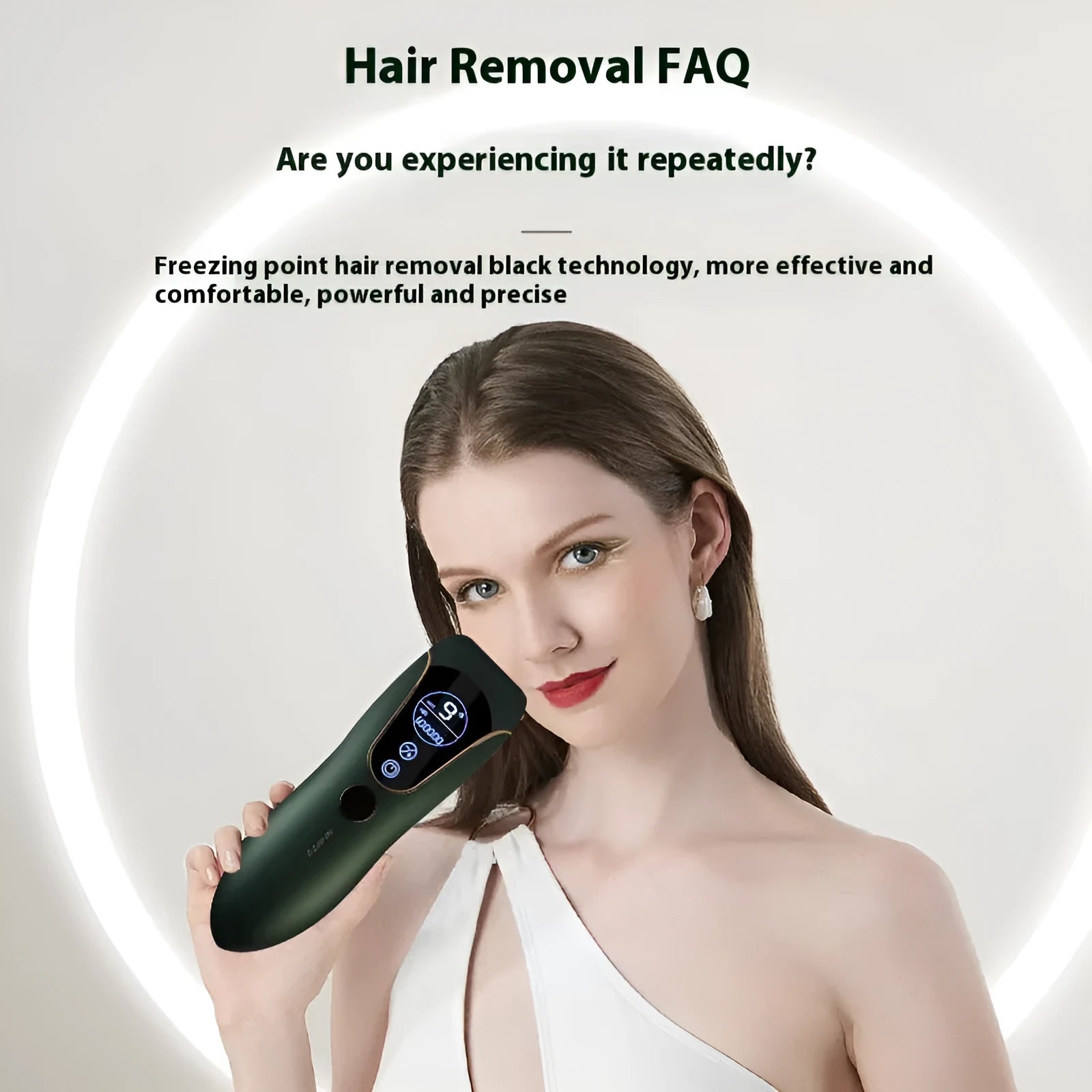 Freezing point hair removal device in Sundial white, green, or pink colour for body, face, legs, and private parts.