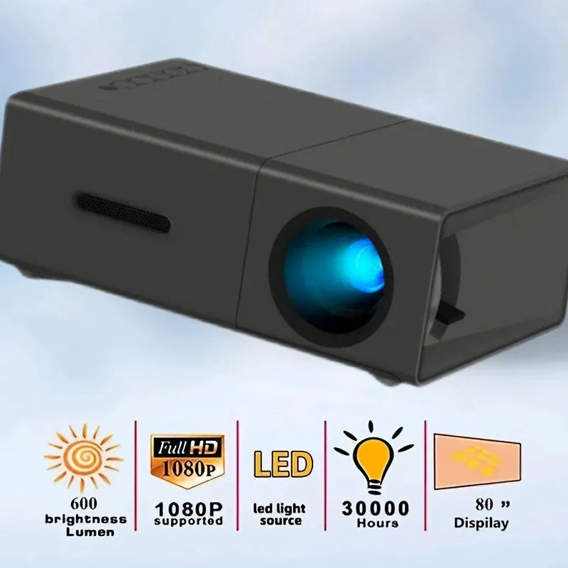 M100 Mini Home LED Projector in black or white, showing remote control and cables.