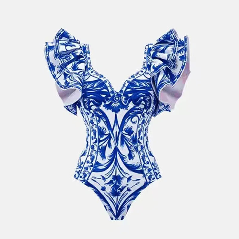 Women's one-piece polyester swimsuit in printed rose pink or blue with optional skirt design
