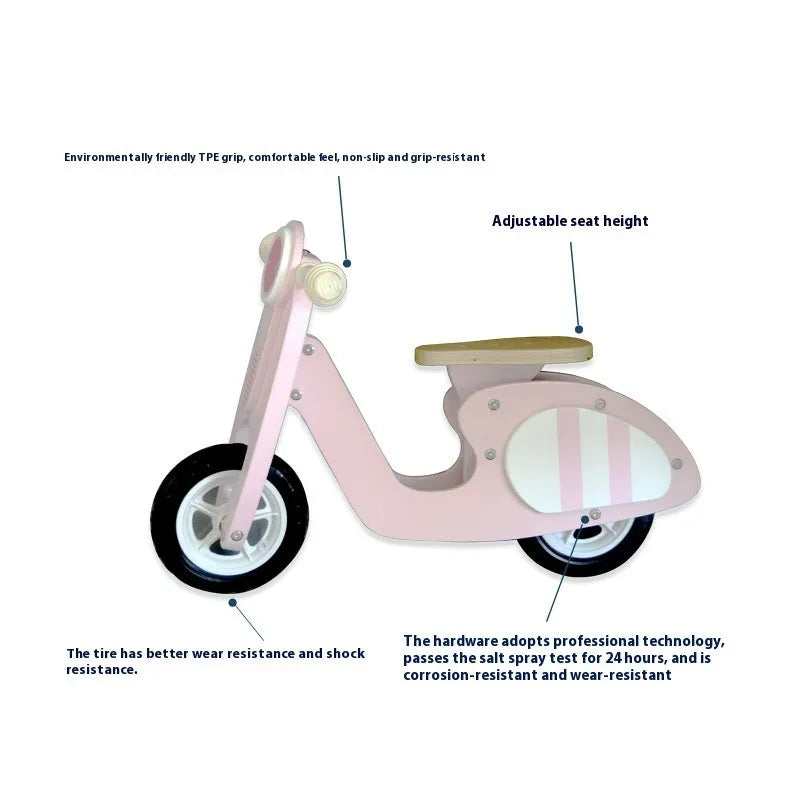 Pink wooden balance scooter for toddlers and children aged 1 to 6 years.