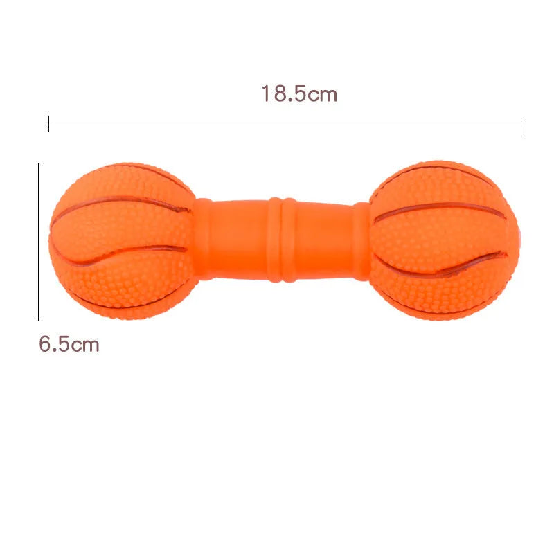 Football dumbbell shaped dog squeaky chew toy in PVC material showing brown, orange, white and yellow colour options