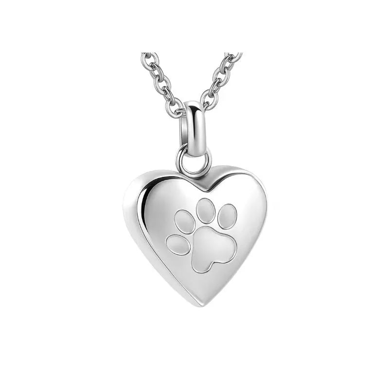 Openable heart-shaped titanium steel cinerary necklace with a love paw print design.